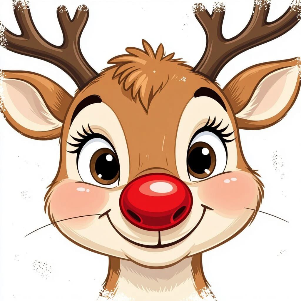 Cute Cartoon Reindeer Face with Big Red Nose