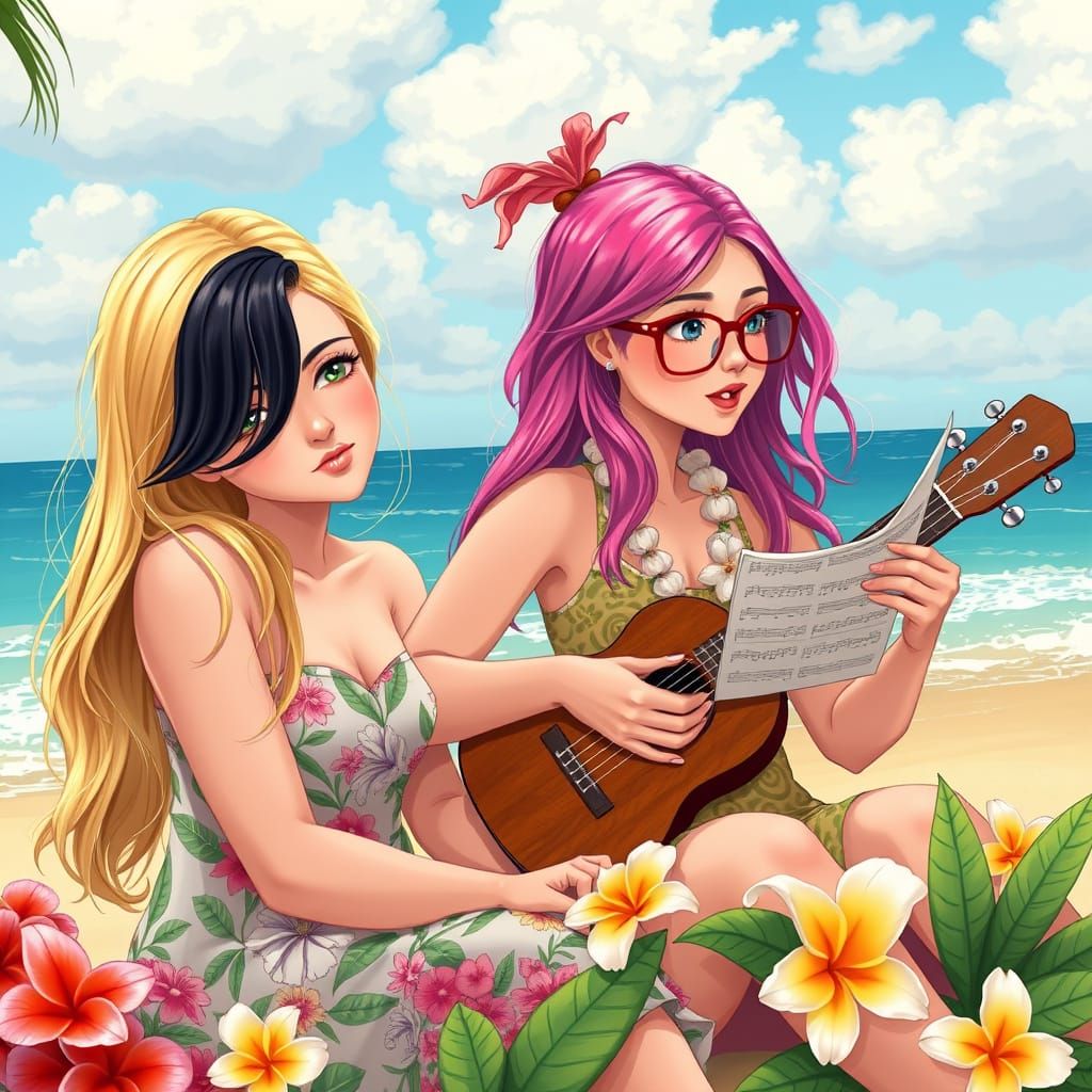 Two Women Singing on a Tropical Beach, Dreamy Art