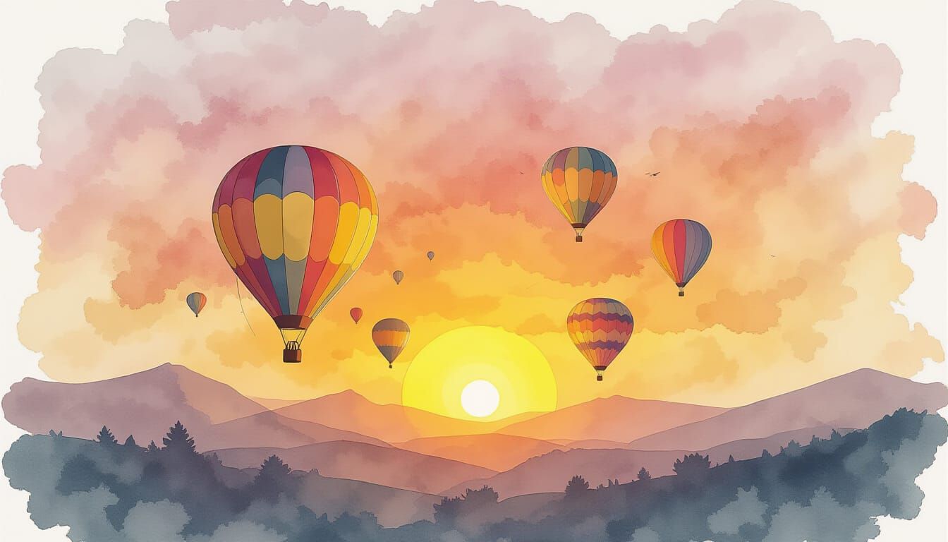 Abstract Watercolor Sunrise with Hot Air Balloons