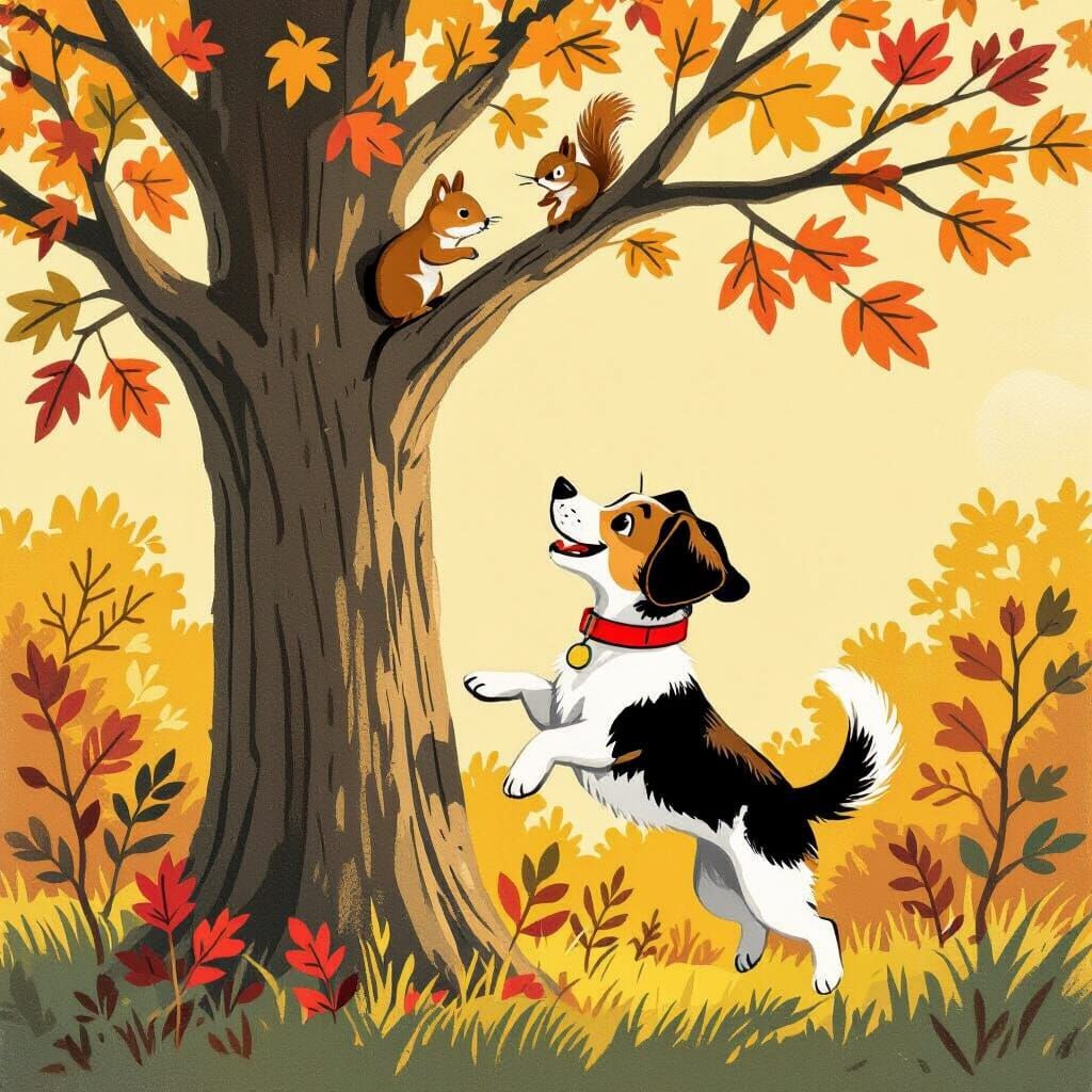 Dog Chasing Squirrel Up Tree, in Illustrative Style