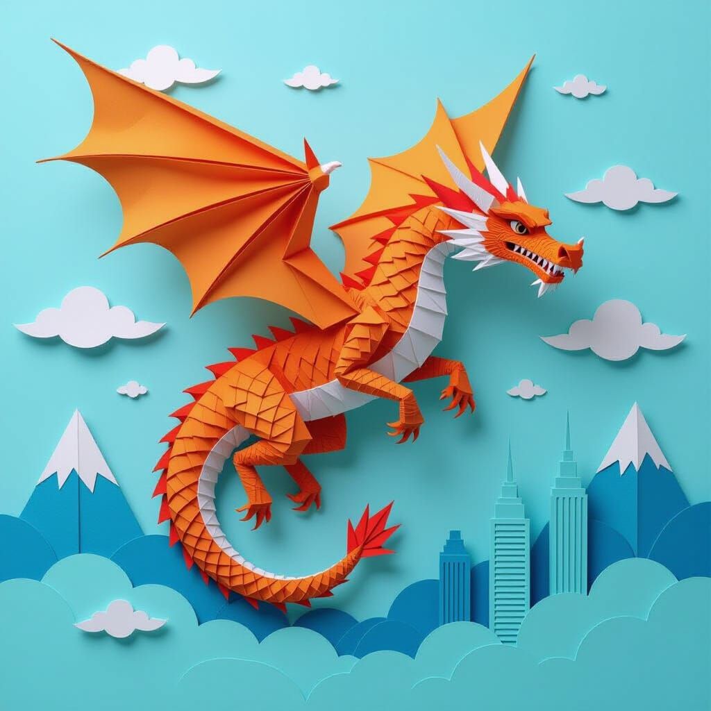Origami Dragon Soars Through Paper Sky