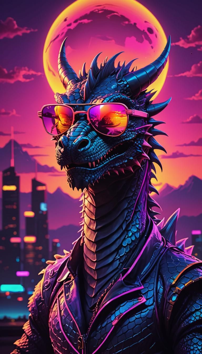 Dragon in Sunglasses: Neon Synthwave Sunset