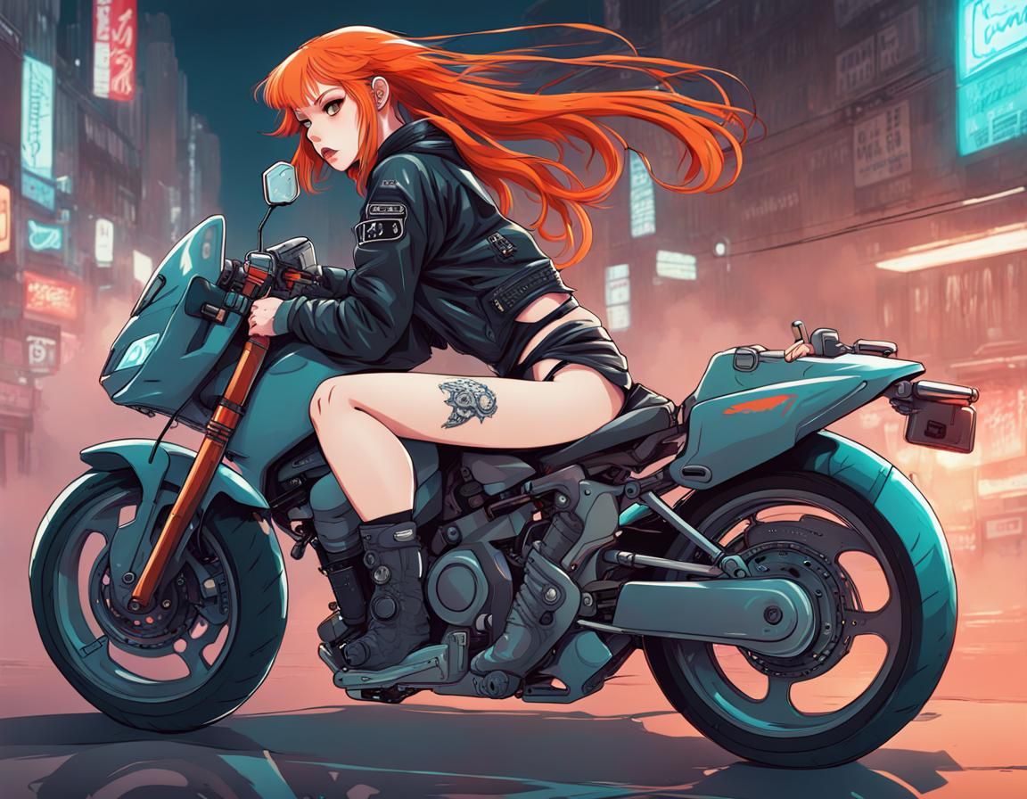Anime Girl on Cyberpunk Bike