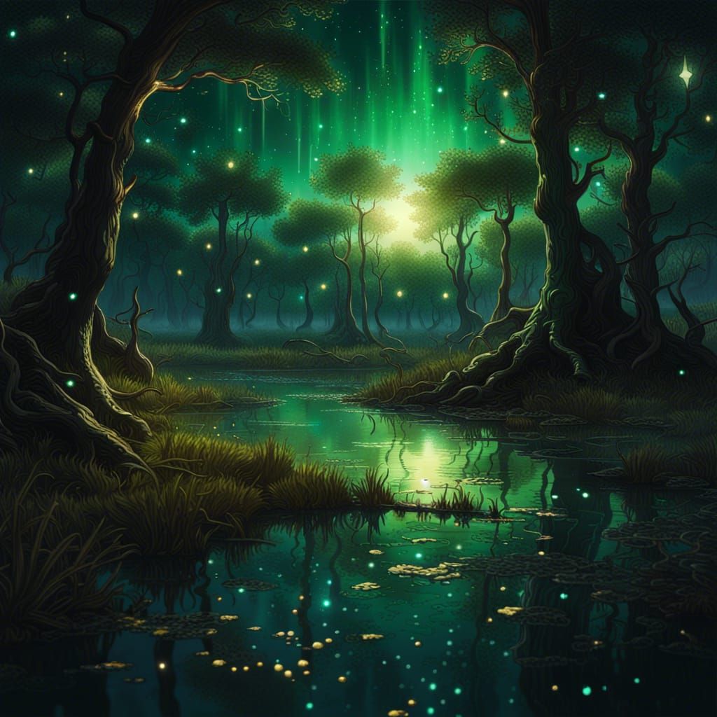 Emerald and Gold Night Sky Over Swamp