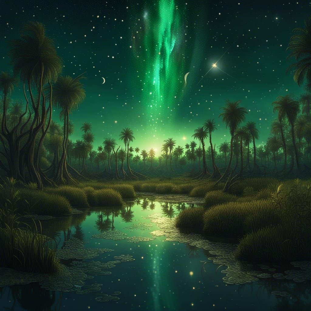 Radiant Stars Over Emerald Swamp: Digital Art