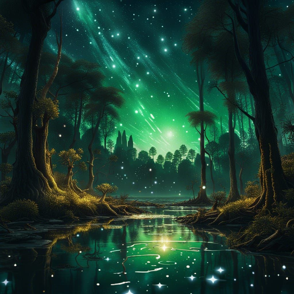 Radiant Night Sky Over Emerald Swamp