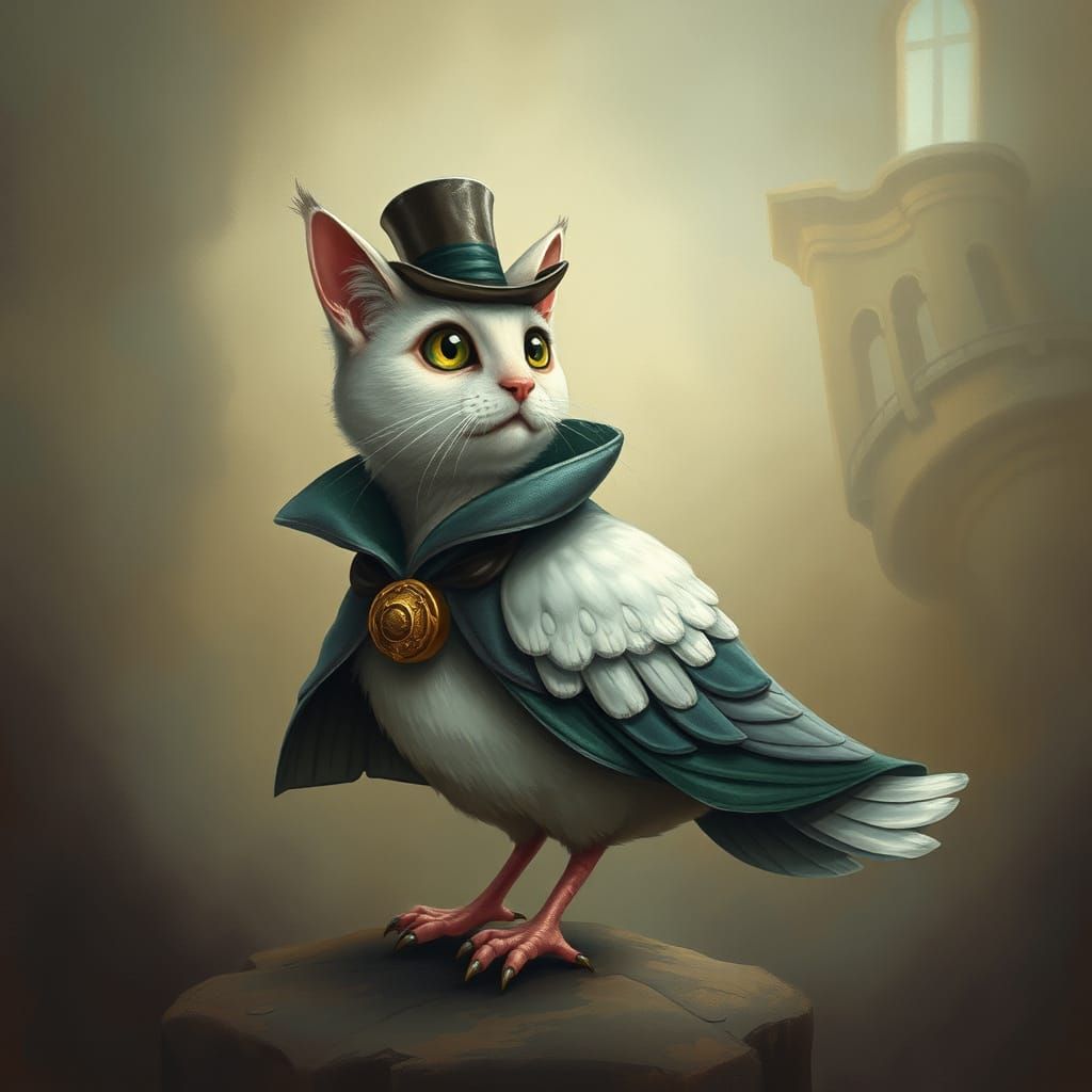 Whimsical Feline Aviary in Dreamlike Cape and Top Hat