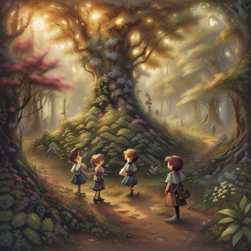 Whimsical Children Playing in Sunlit Forest, Storybook Style