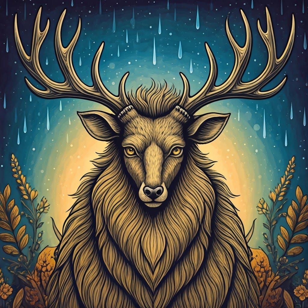 Naive Crayon Drawing of Horned Fairy God