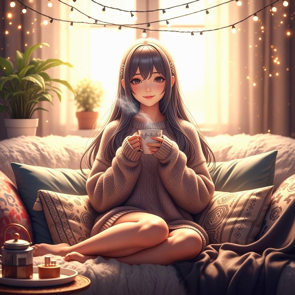 Cozy Anime Woman in Warm, Gentle Light