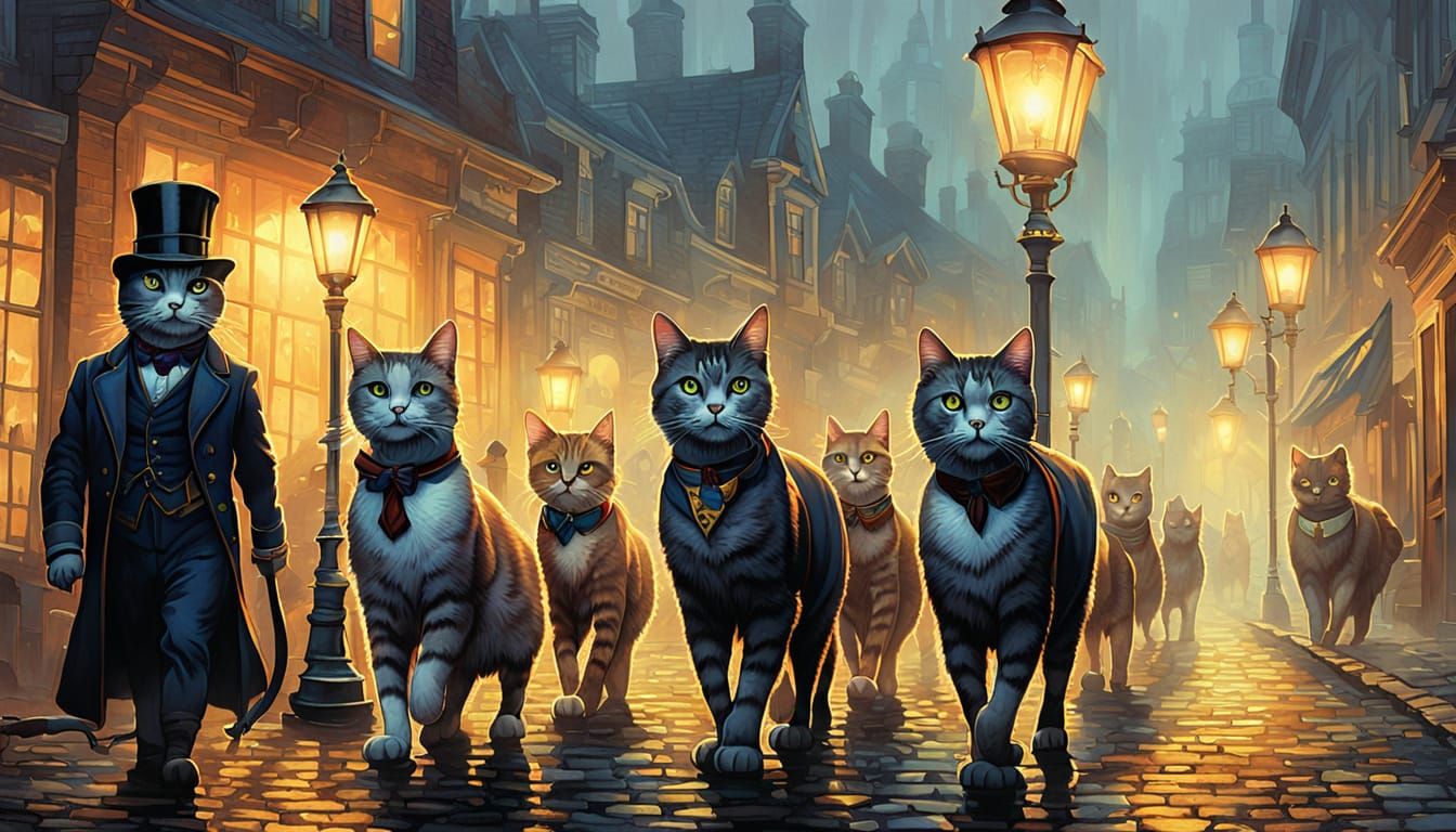 Victorian Cat Parade in Comic Book Style