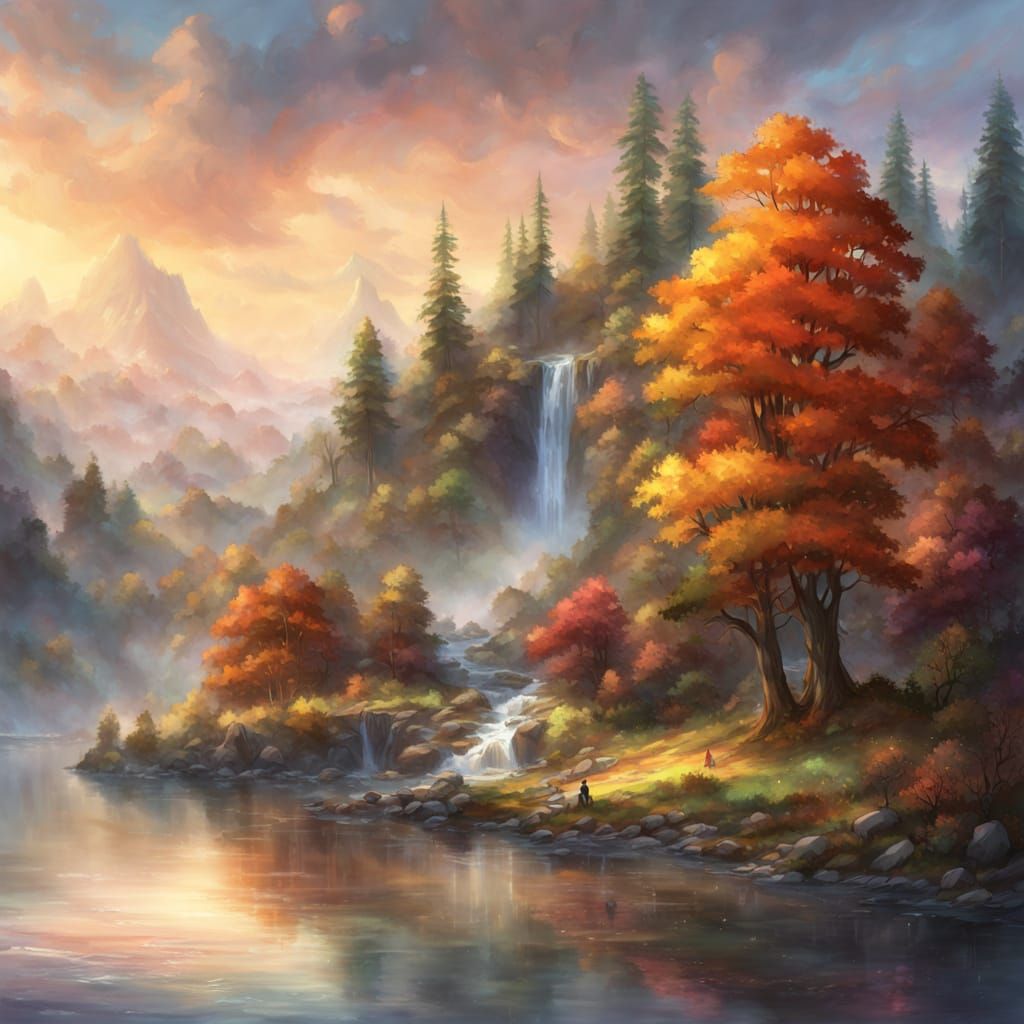 Ethereal Autumn Waterfall Digital Painting