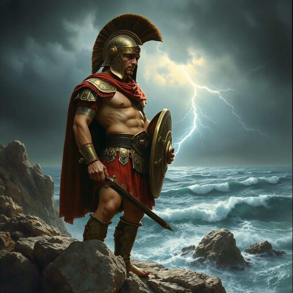 Ancient Greek Hoplite on Stormy Coast