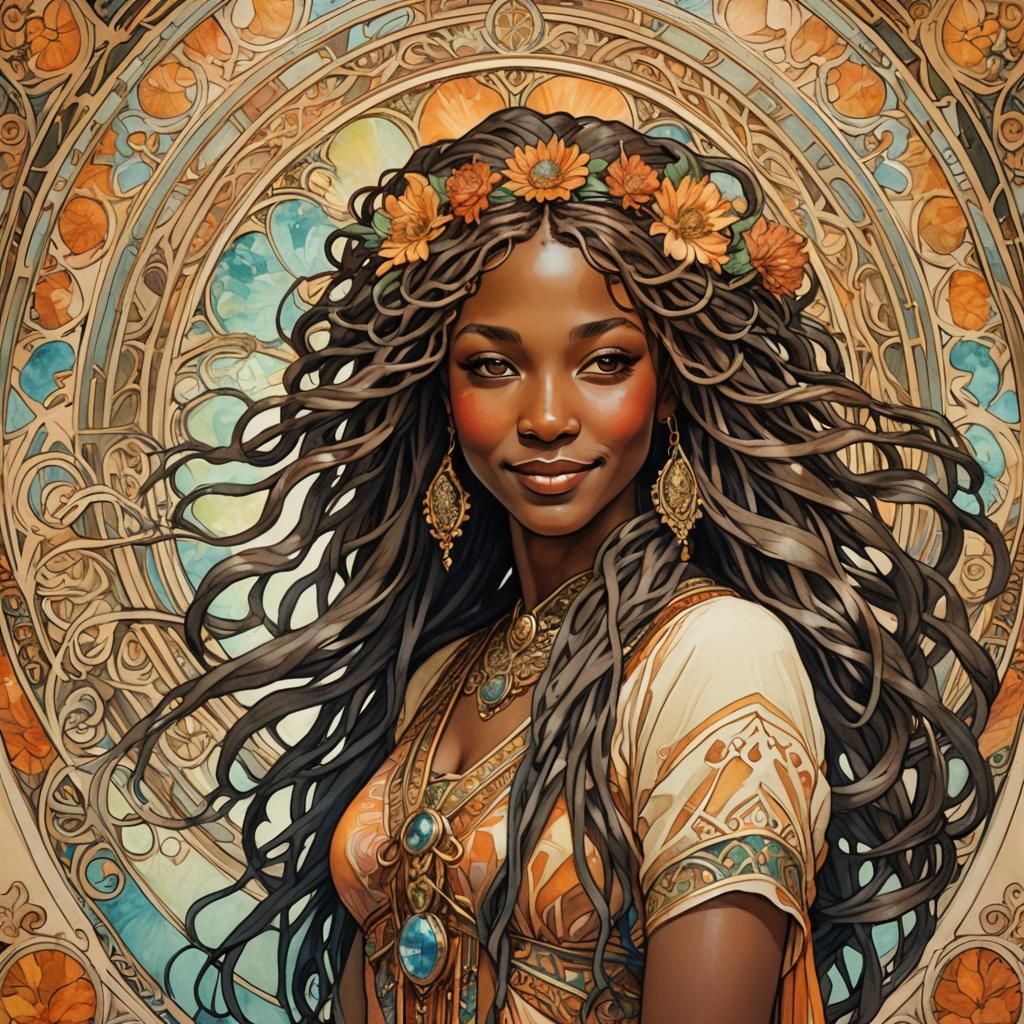 Melanin Beauty with Locs in Art Nouveau Style