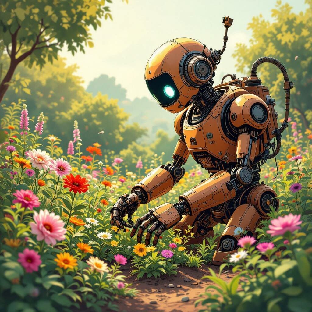 Steampunk Robot Gardener in a Whimsical Garden