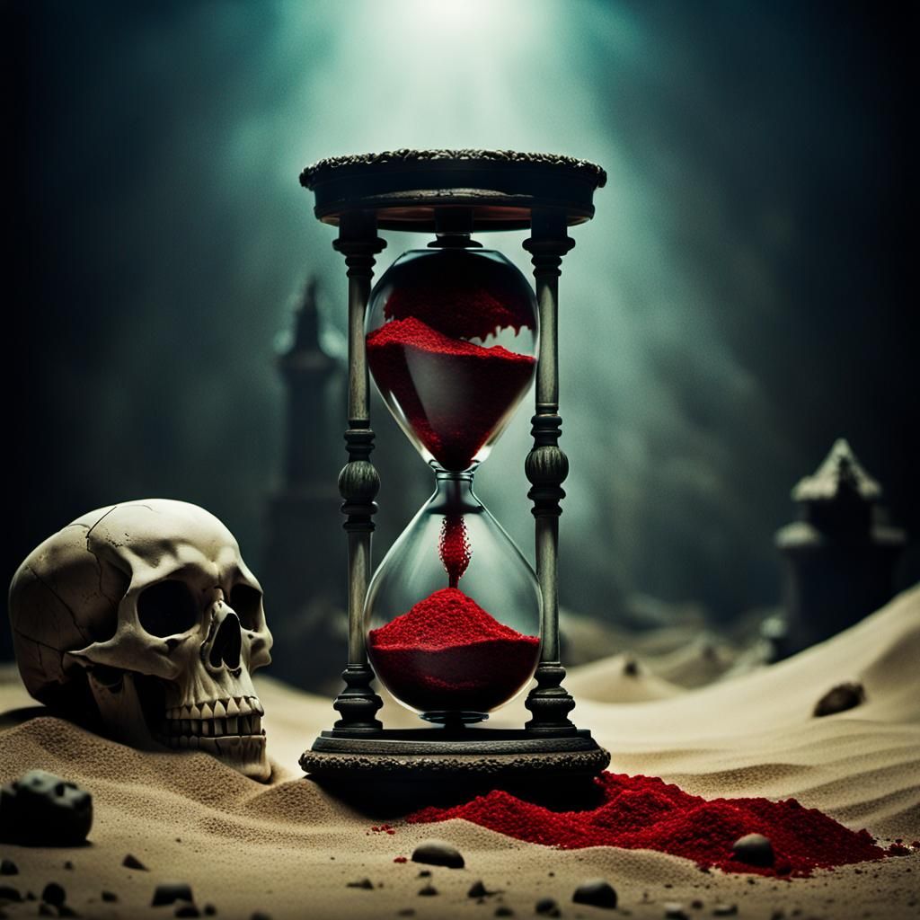 Sinister Gothic Hourglass with Skull and Blood