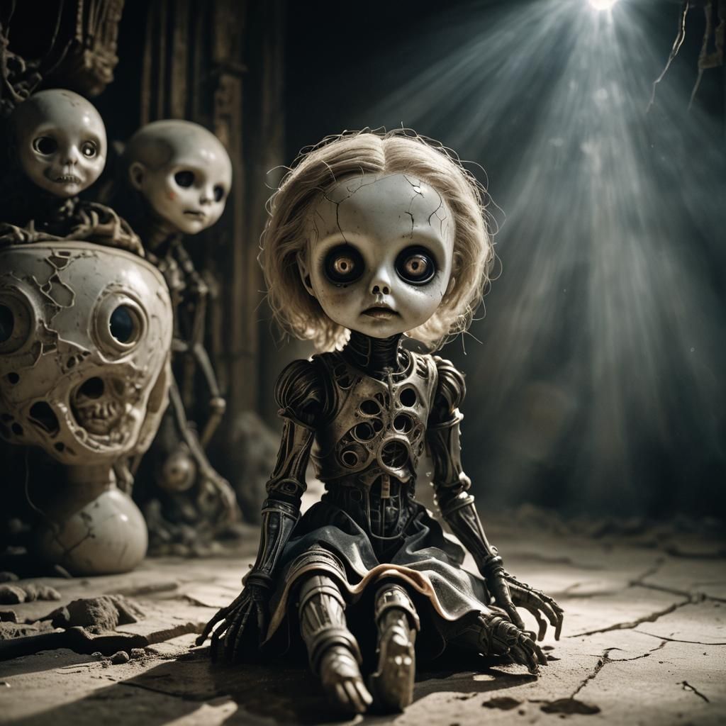 Eerie Old Doll with Glowing Eyes, Surreal Close-up