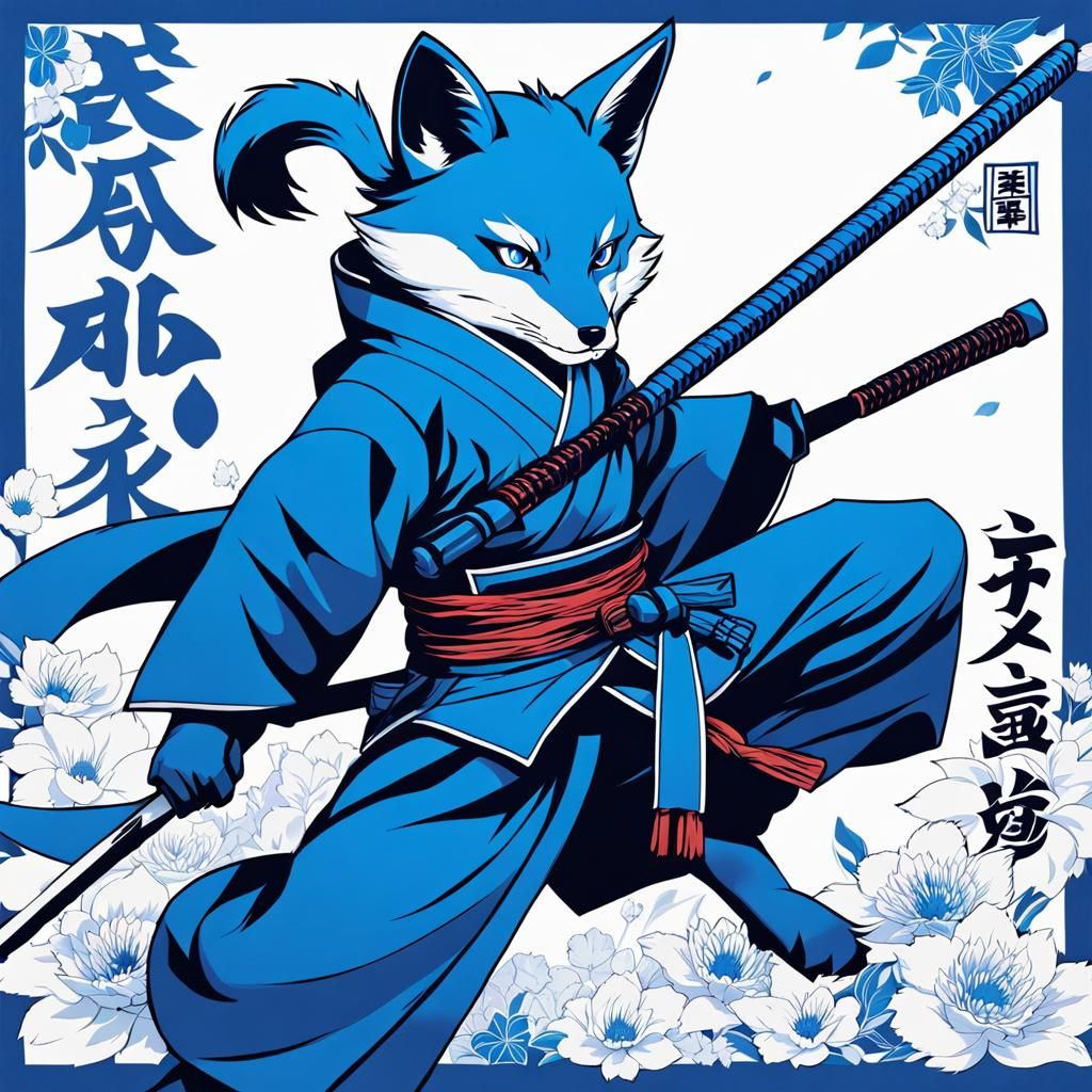Blue Monochromatic Ninja Fox in Anime Style