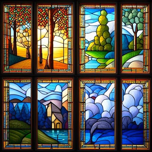 Four Seasons Stained Glass Polyptych in Hyperrealism