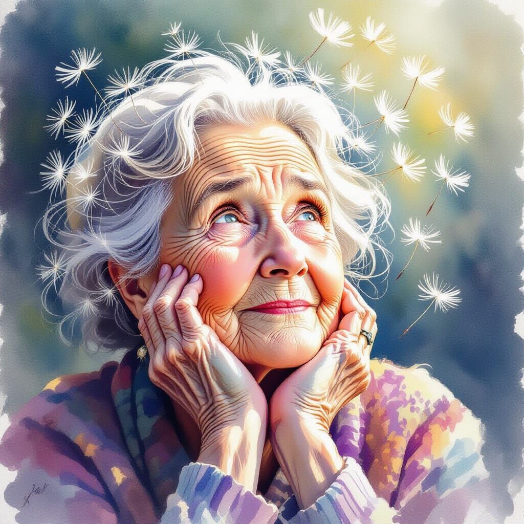 Elderly Woman with Dandelions in Watercolor Style