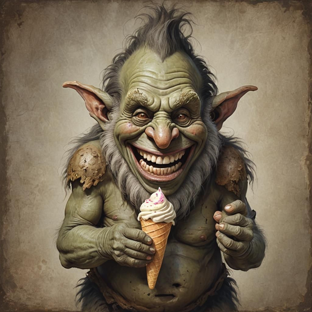Smiling Troll Eats Ice Cream Cone