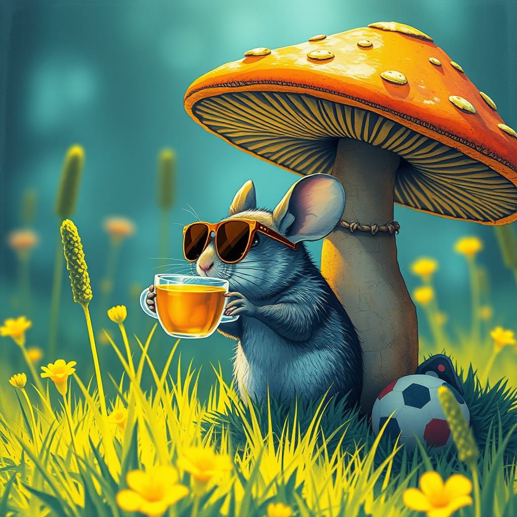 Mouse Sipping Tea Under Mushroom, Detailed Concept Art