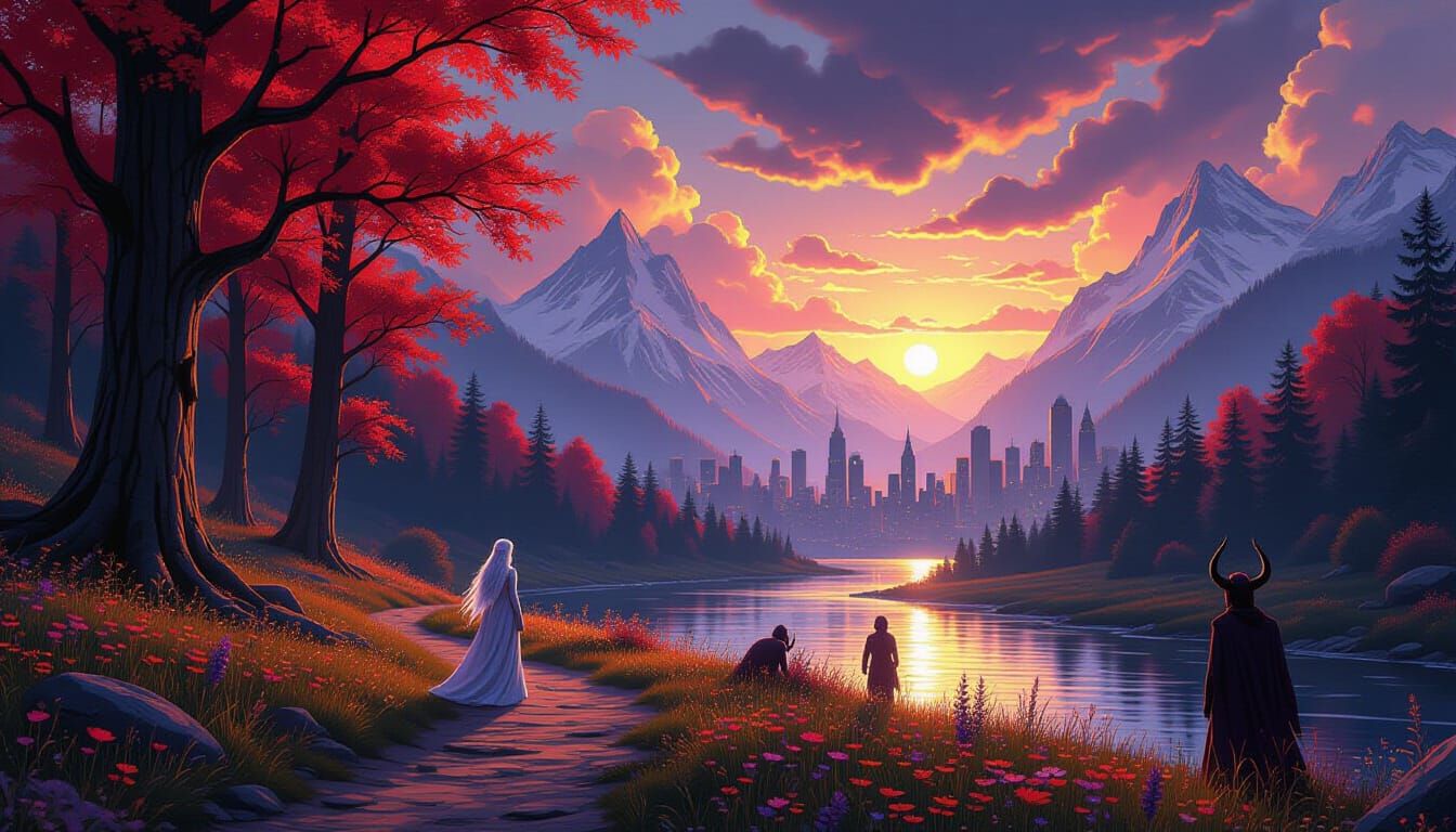 Mystical Forest Path Blends Cityscape, Fantasy Art