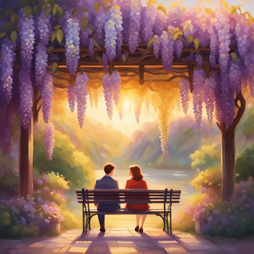 Lovers Under Wisteria in Romantic Realism Style
