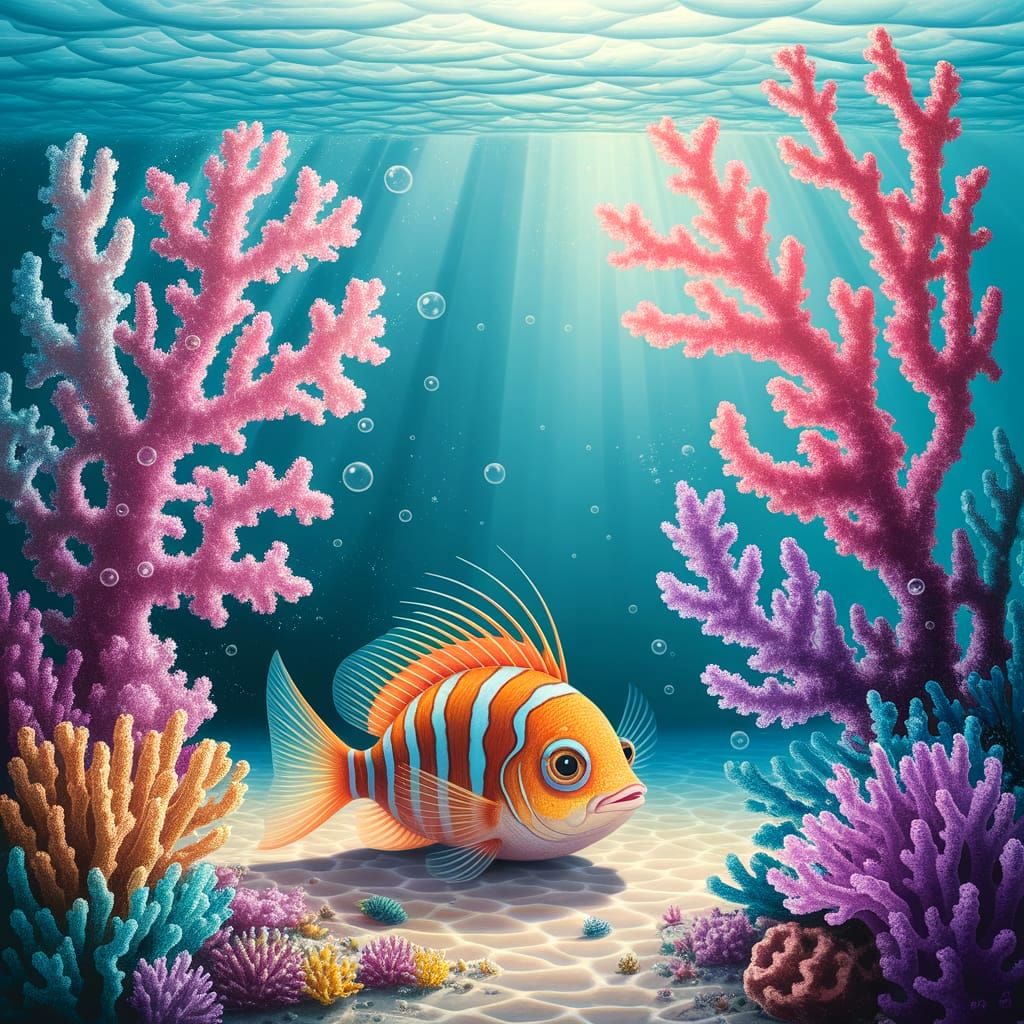 Vibrant Tropical Fish on Coral Reef in Neo-Impressionist Sty...