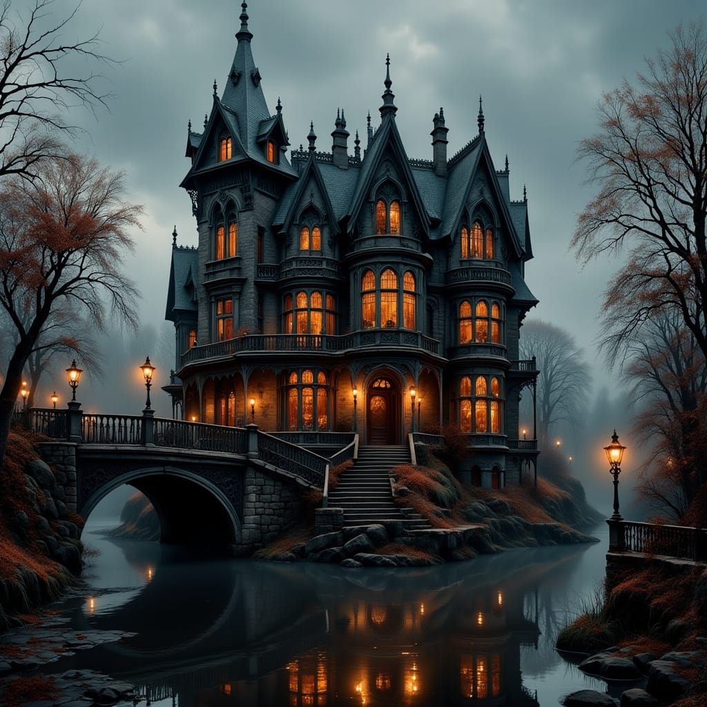Victorian Gothic Mansion at Dusk in Dark Oil Paint