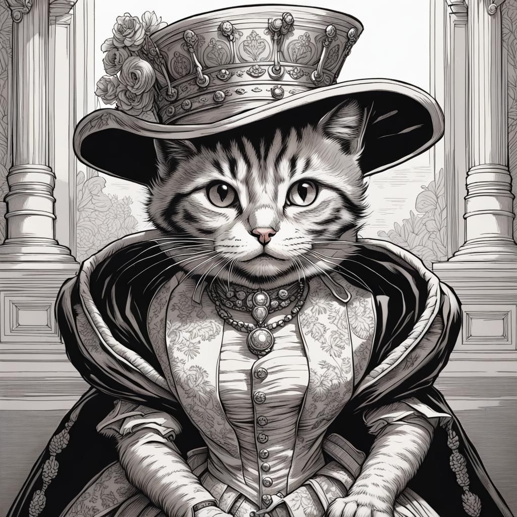 Victorian Kitten: A Tenniel-Style Black and White Drawing