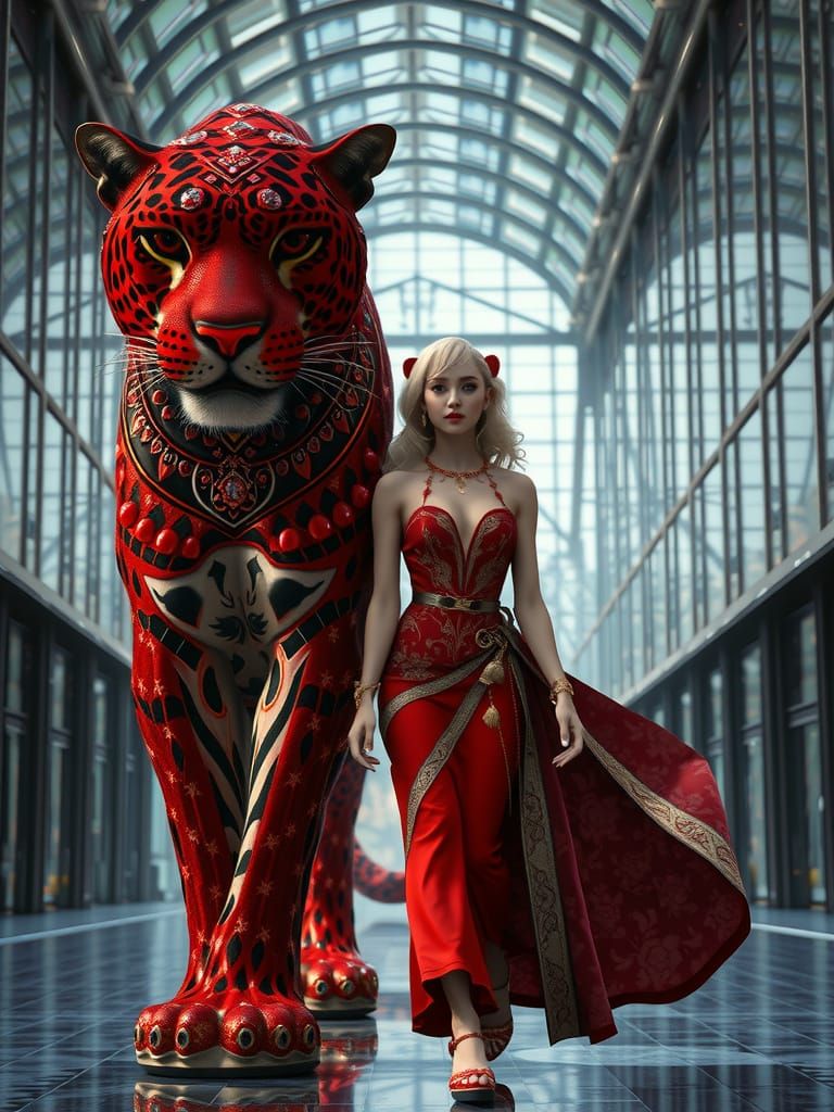 Woman and Jeweled Panther in Opulent Setting