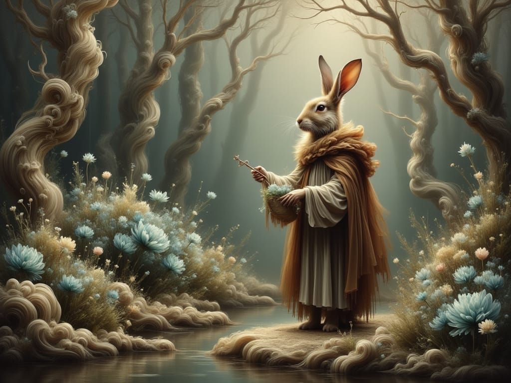 Surreal Brown Rabbit in Forest Glade