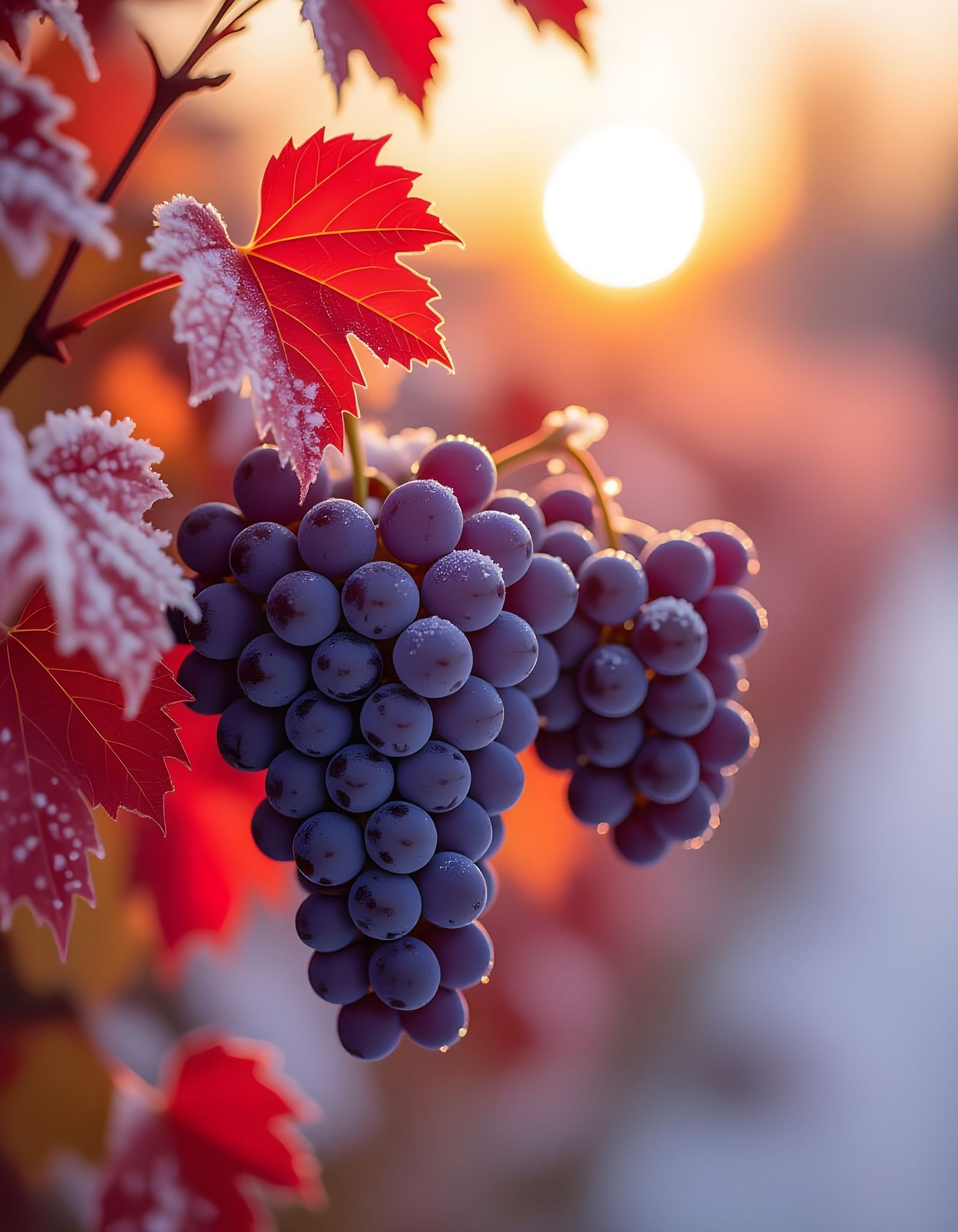 Ripe Grapes with Frost and Snow at Sunset