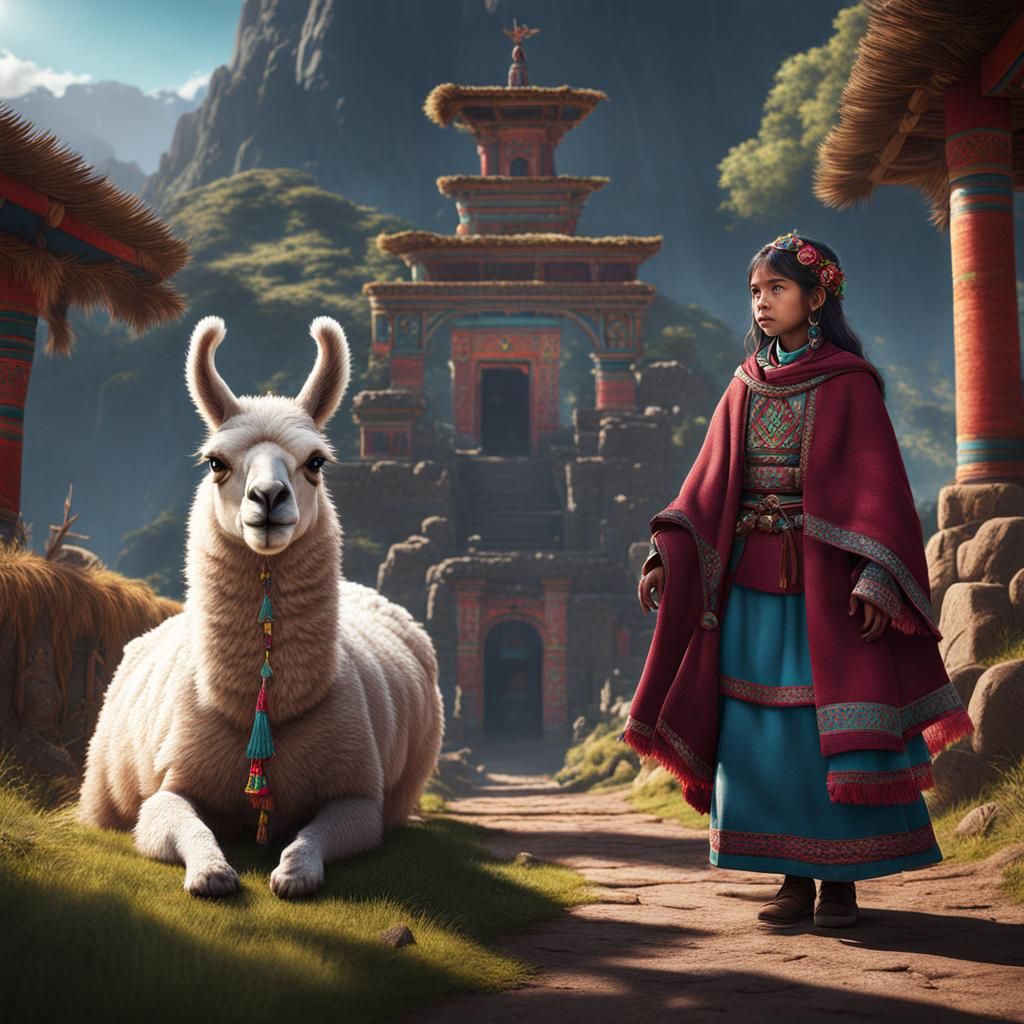 Peruvian Girl with Llama: Detailed Matte Painting