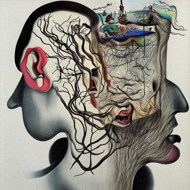 Man Consumed by Thoughts in Surrealist Style