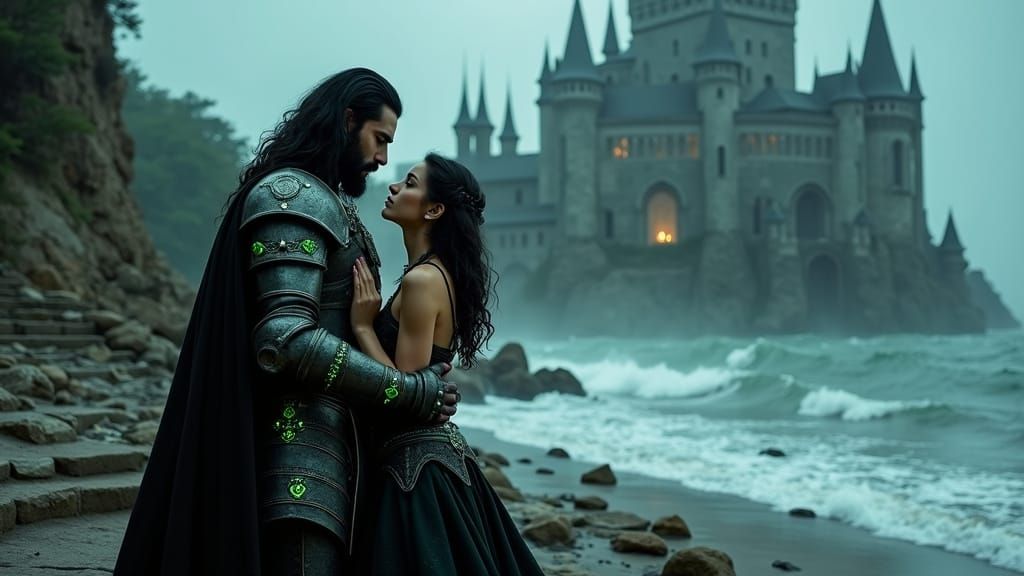 Gothic King Stands on Rocky Shoreline with Love