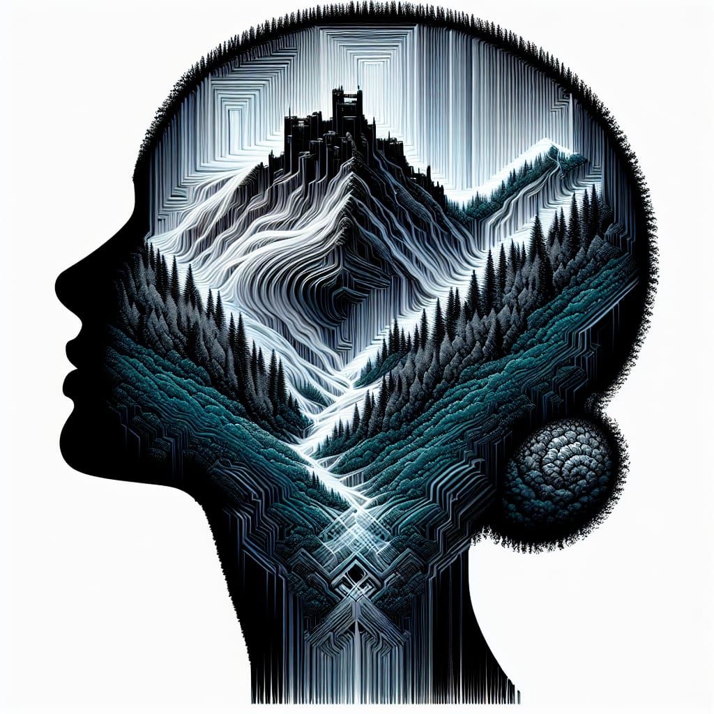 Pixelated Holographic Mountain Fortress Silhouette