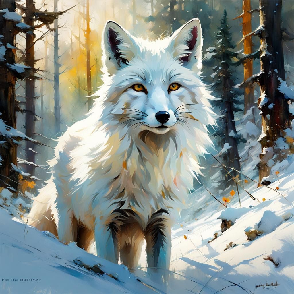 Adorable White Fox in Snowy Pine Forest: Matte Painting