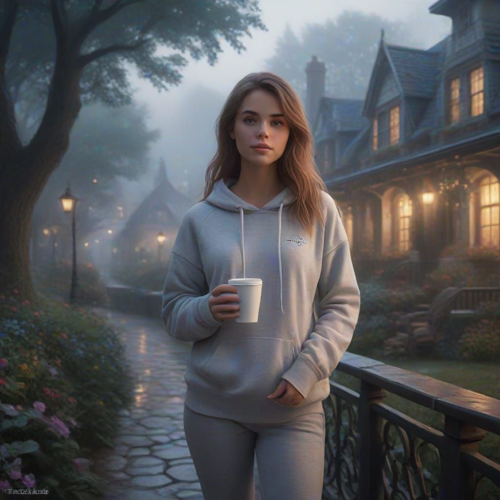 Ethereal Coffee Lady in Glowing Mist