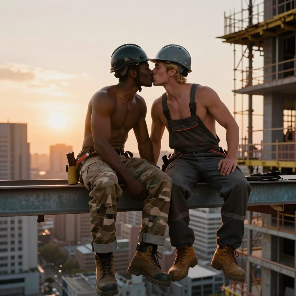 Construction Workers Share Intimate Moment High Above City S...