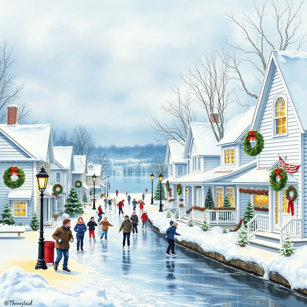 Christmas Town Lakeside Street as Watercolor Painting