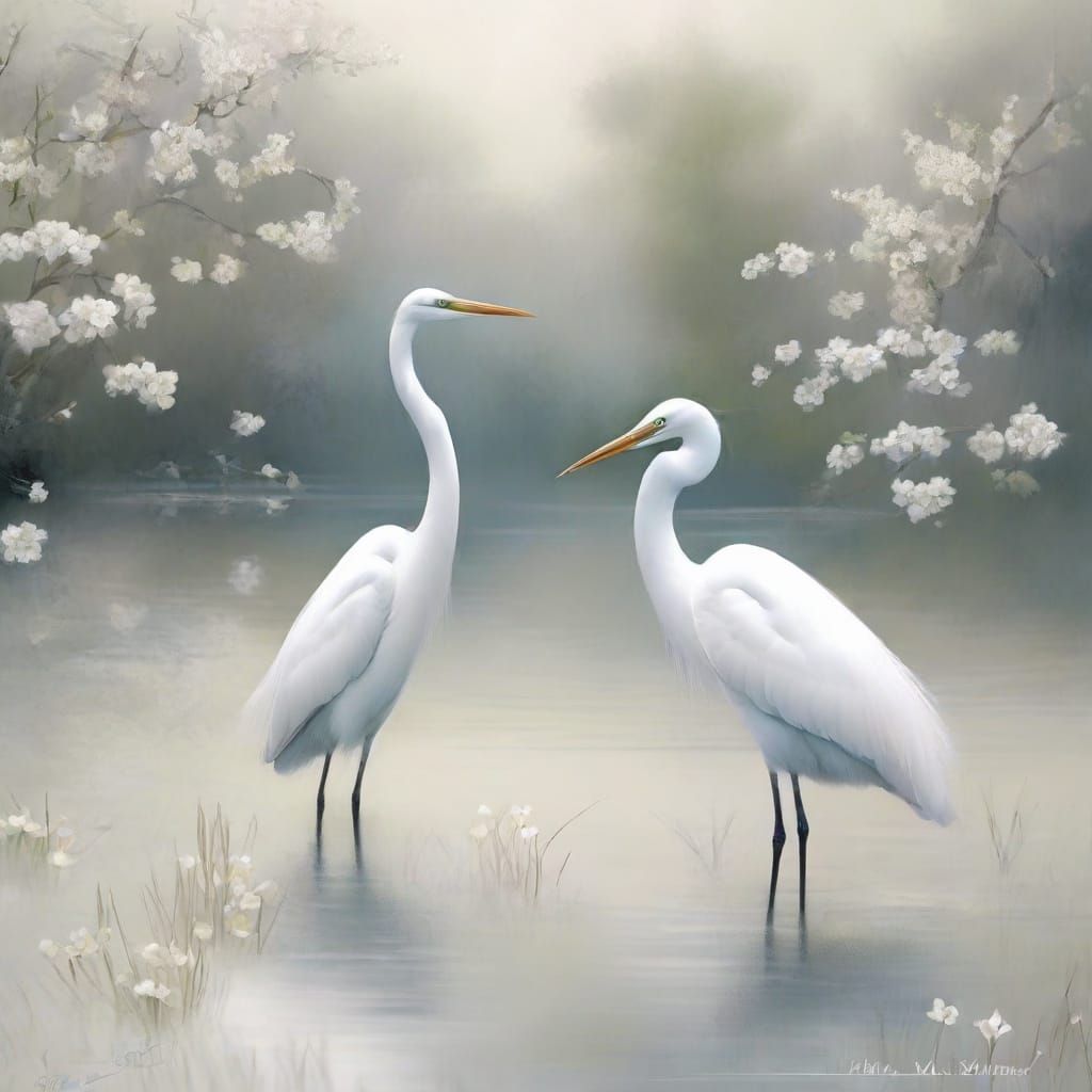 Egrets in Dreamy Fog: Impasto Anime-Style Art