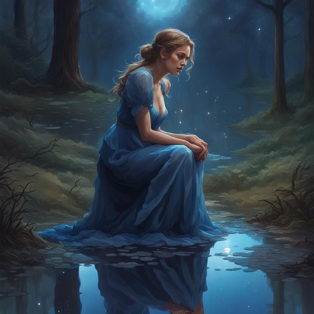 Woman Gazing at Stars Reflected in Forest Puddle