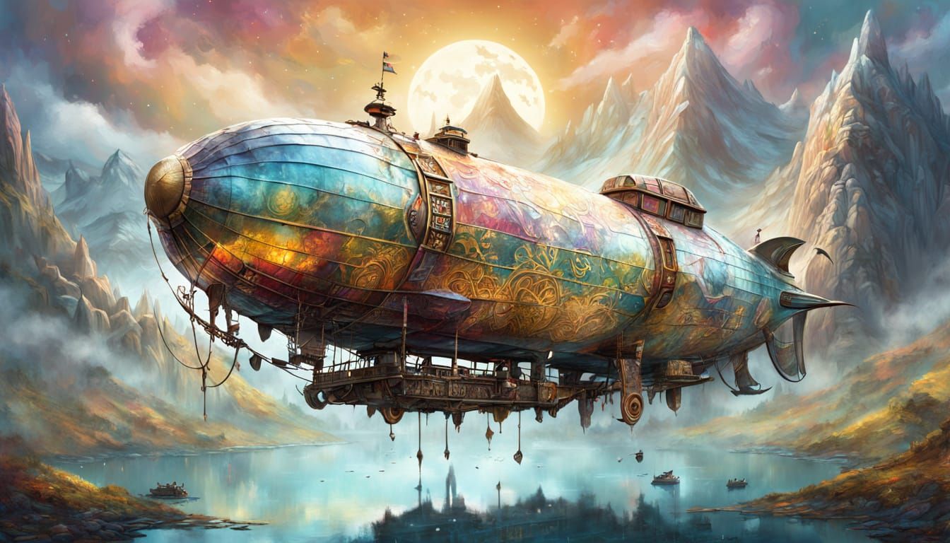Vintage Airship Drifts Over Mist-Shrouded Mountains