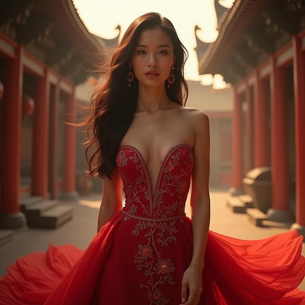 Brunette Woman in Red Gown, Cinematic Oriental Portrait
