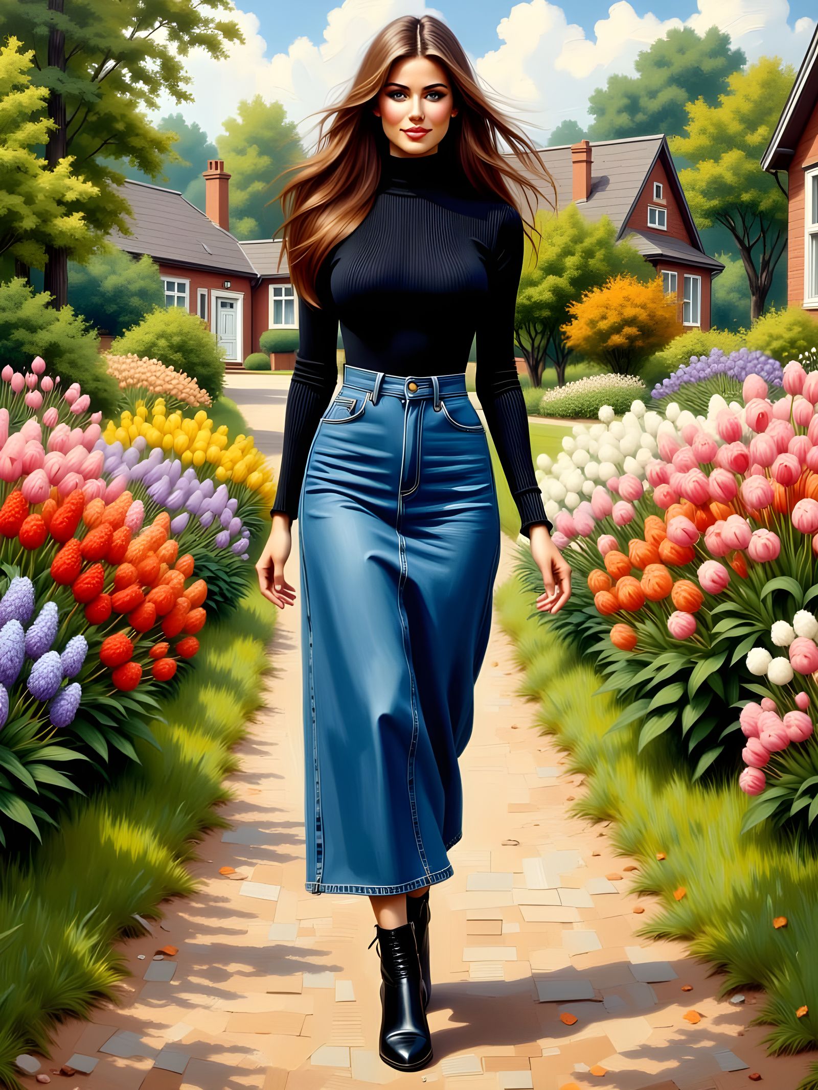 Elegant Woman in Picturesque Landscape, Art Nouveau Style