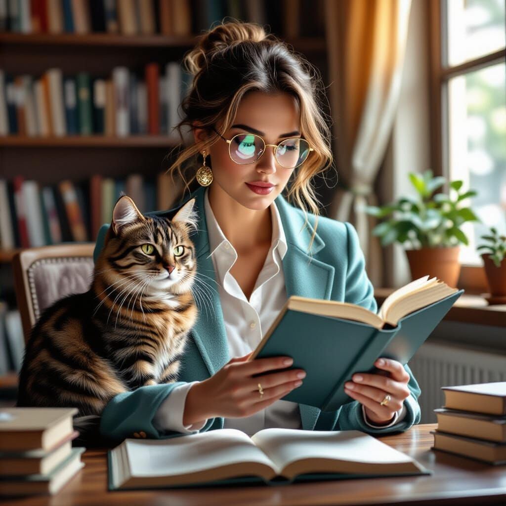 Woman Reading with Cat in Book Room, Splash Art Style