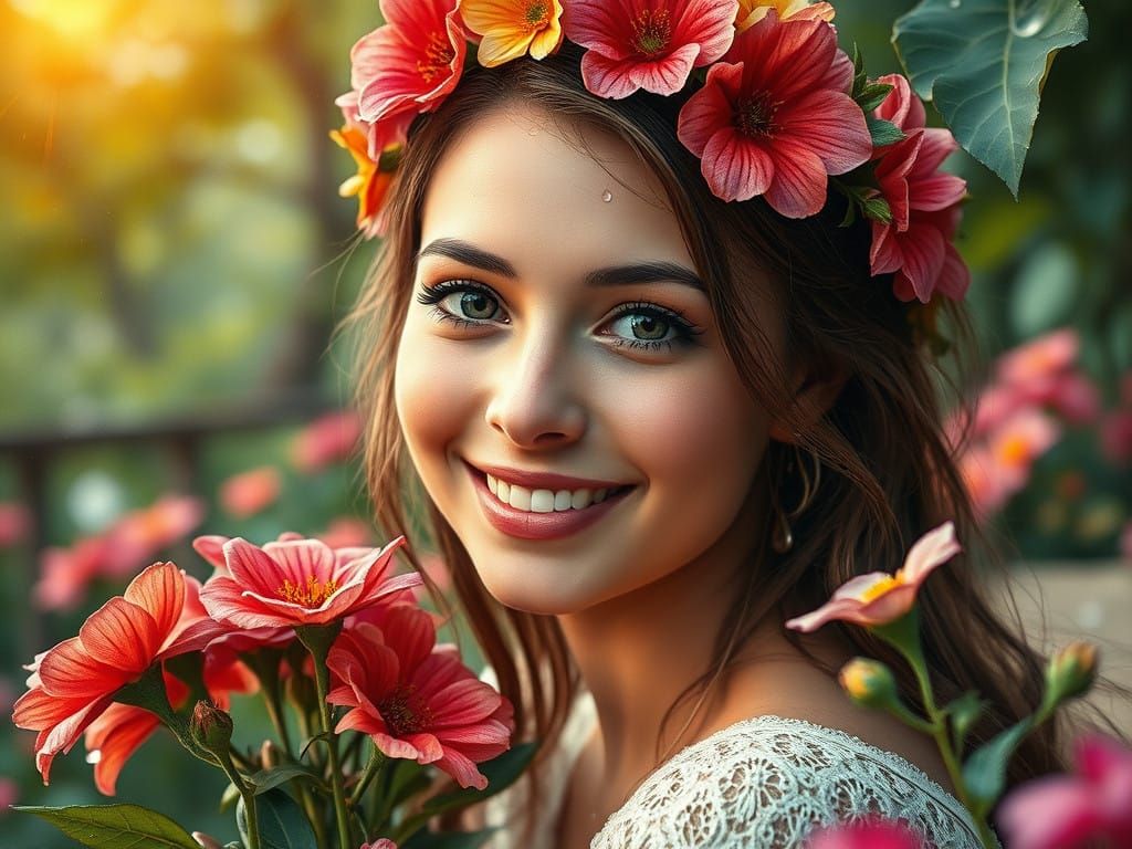 Serene Young Woman in Vibrant Flowers, Soft Rain, and Gouach...