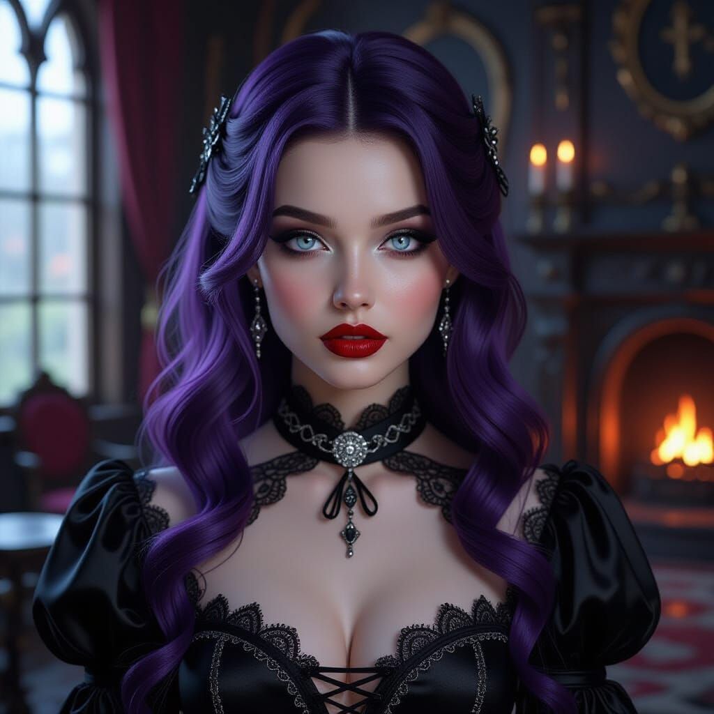 Ultra Realistic Gothic Woman in Candlelit Salon